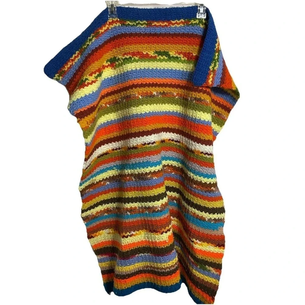 Vintage Crochet Shoulder Wrap Granny Stripe Afghan Shawl Boho Colorful 70s